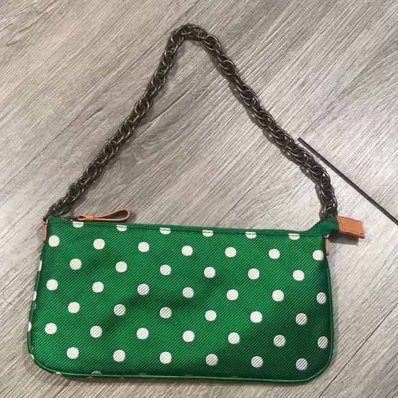 J Crew NWOT Green Polka Dot Silk Metal Chain Handle Mini Handbag - Picture 1 of 9